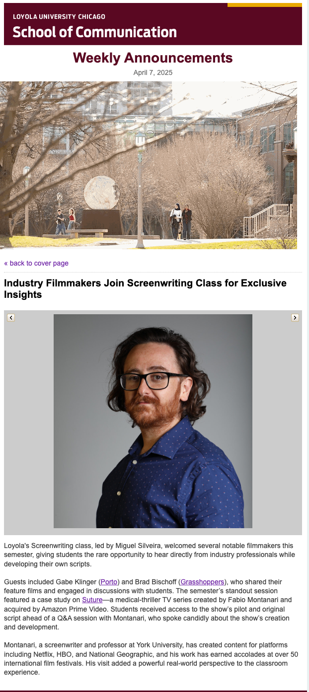 Masterclass on TV Writing and Creation at Loyola University Chicago.